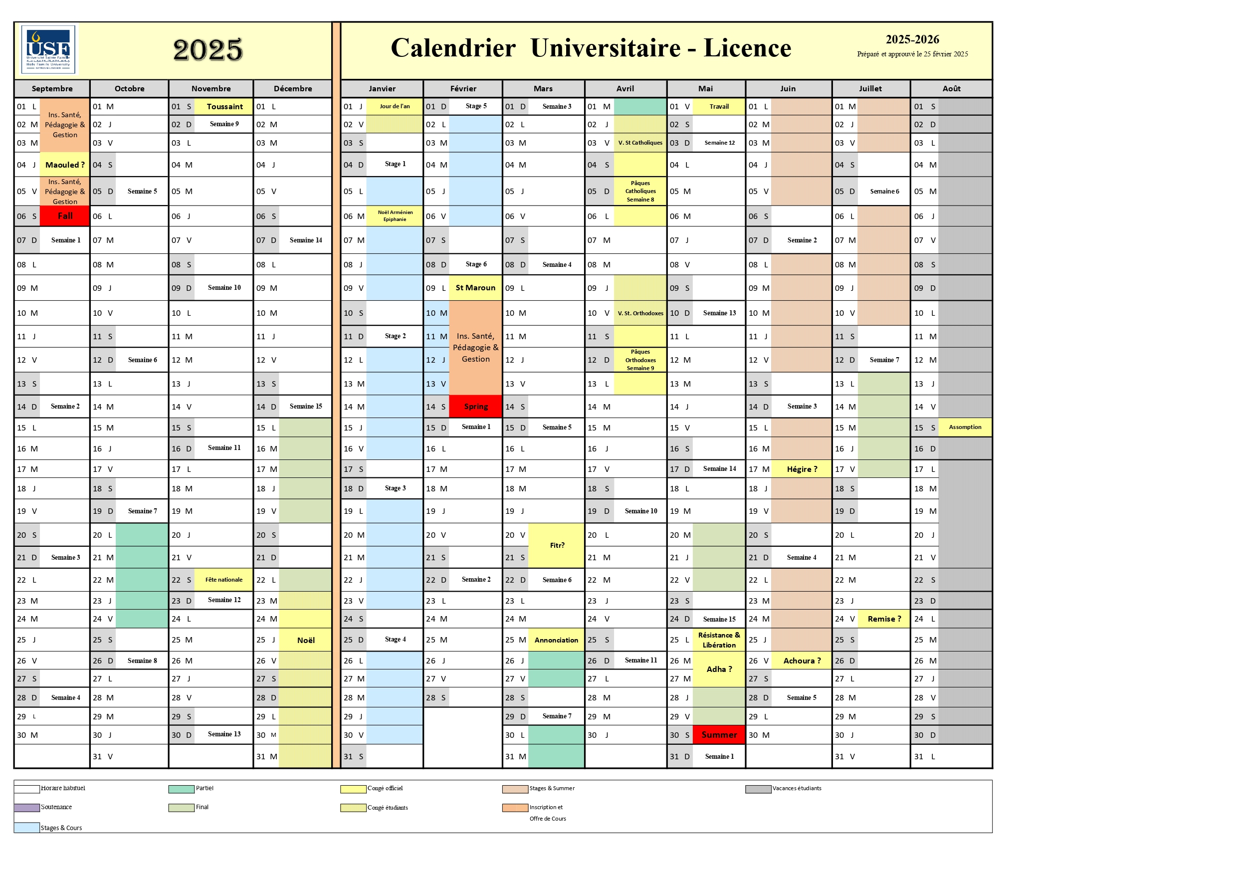 Calendrier Universitaire 2025-2026/ Licence