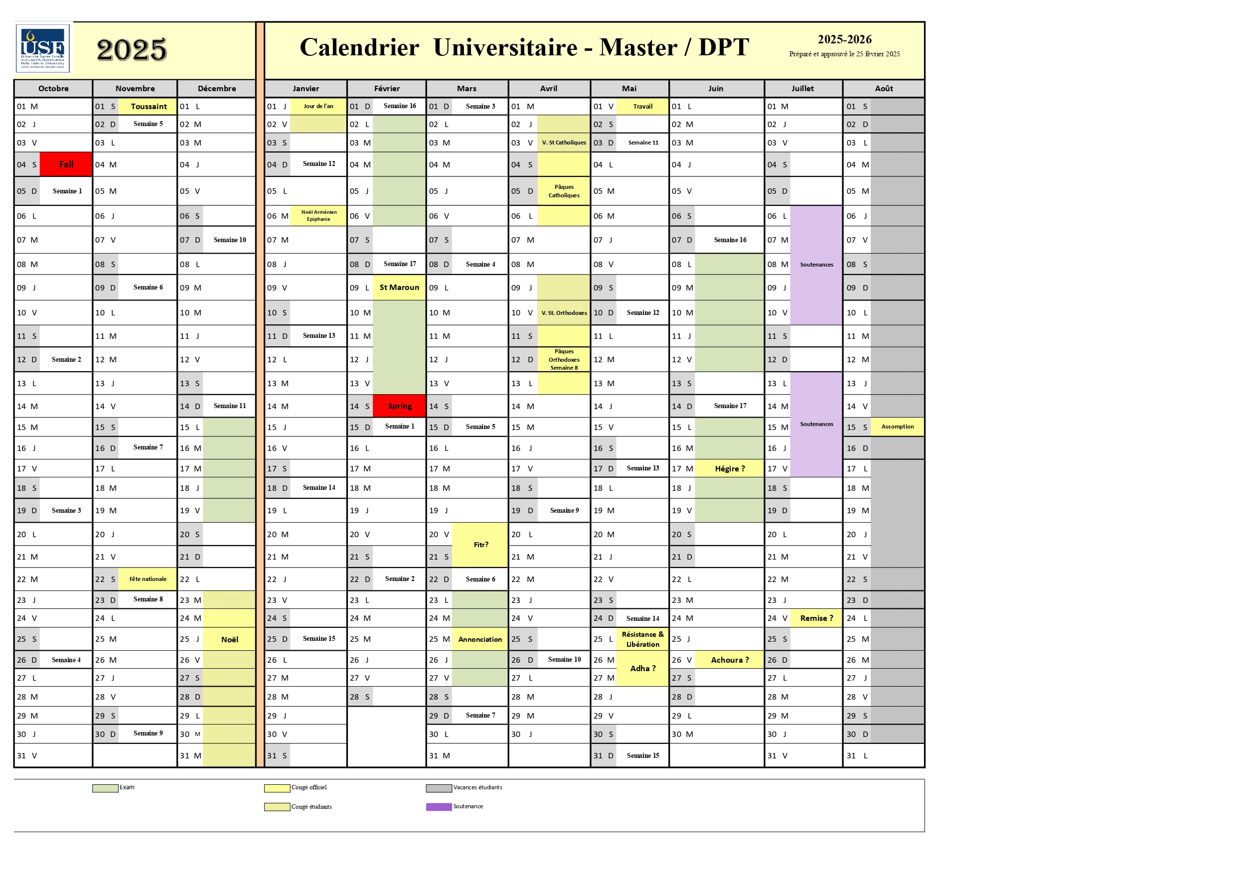 Calendrier Universitaire 2025-2026/ Master